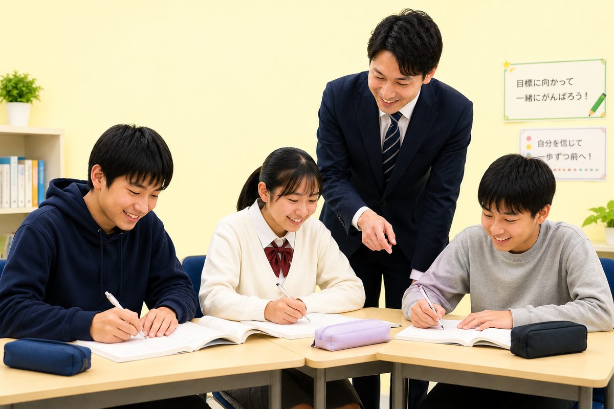 夏休みの宿題を塾長と一緒に進める様子